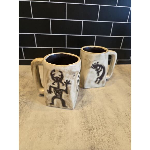 Mara Stoneware Mugs Set of 2 Kokopelli & Warrior Traditional 12 oz. Square Base - Picture 8 of 10